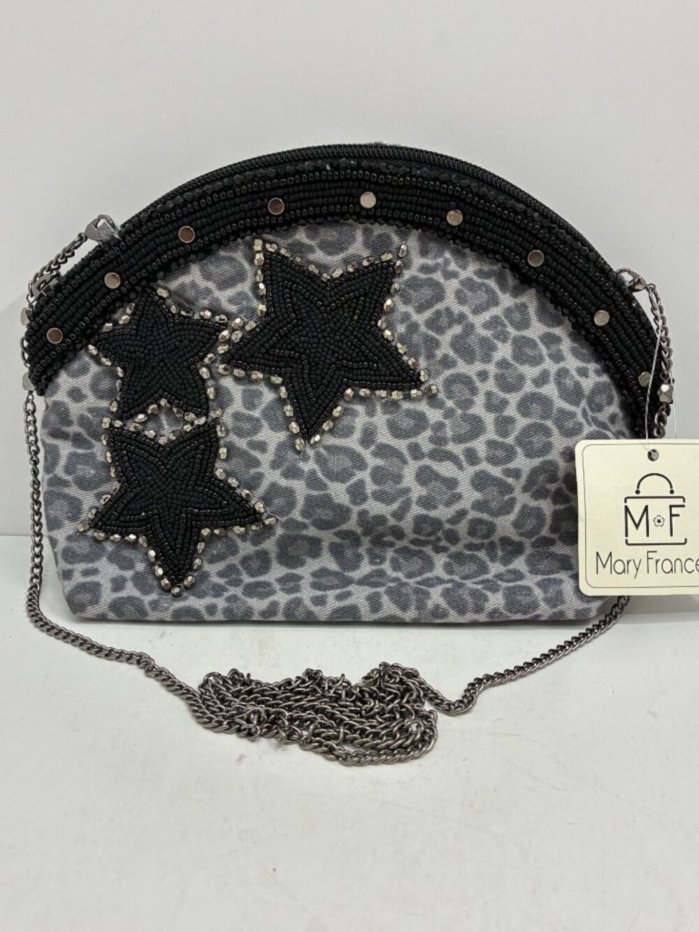 Mary Frances Wild Star Beaded Gray Leopard Print Crossbody Bag With Chain Strap